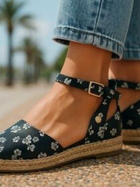 Guess Black Floral Espadrille Sandals - Ankle Strap